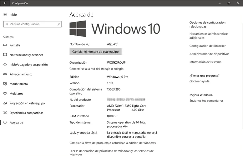 Panel de Configuración de Windows 10