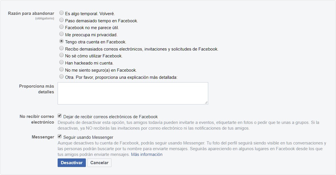 desactivar cuenta Facebook