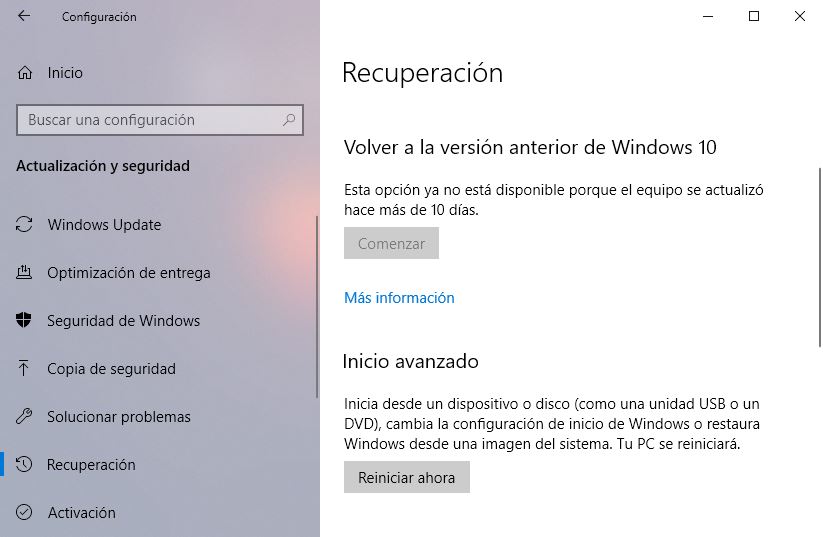 Recuperación Windows 10