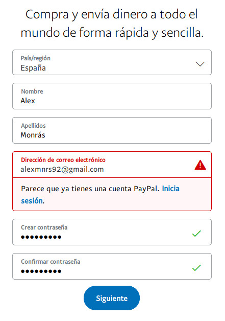 Introducir datos personales al crear cuenta PayPal
