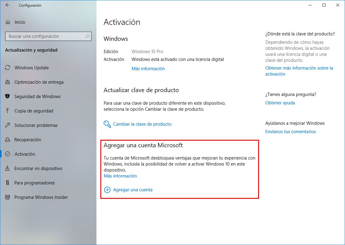 Activar Windows 10 con cuenta Microsoft