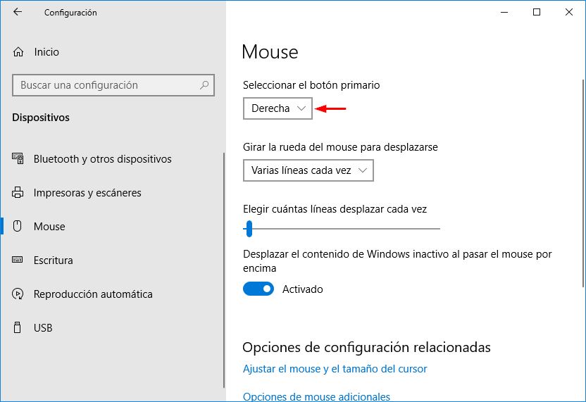 Windows 10 configurado para zurdos