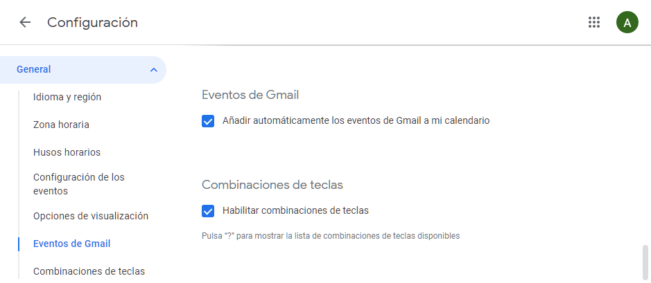 Configuración de eventos de Gmail en Google Calendar