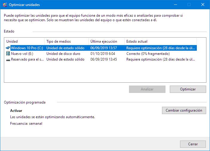 Optimizar discos en Windows 10