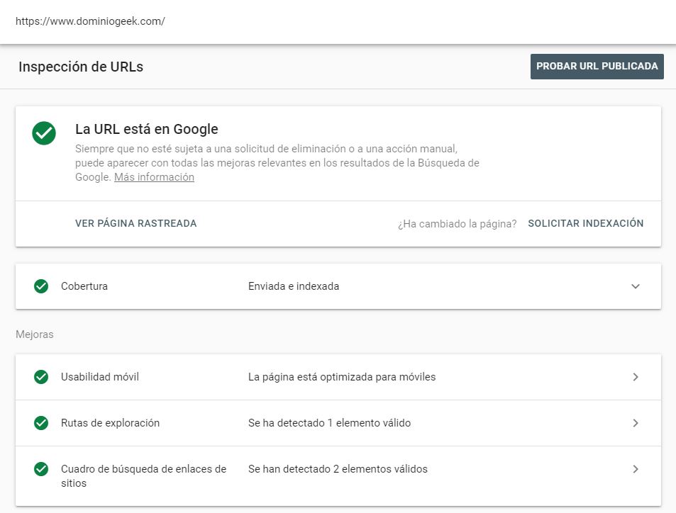 Inspección de URLs en Google Search Console