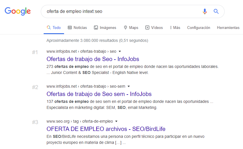 Filtrar ofertas de empleo en Google con el operador intext