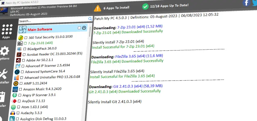 Patch My PC Updater actualizando automáticamente todas las aplicaciones en Windows